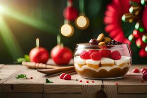 Noël dessert dans verre pot sur en bois table avec Noël décorations. généré par ai photo