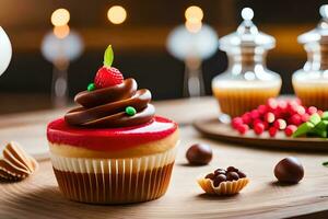 une petit gâteau avec Chocolat Glaçage et une framboise sur Haut. généré par ai photo