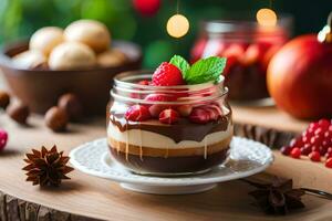 Chocolat mousse dessert dans une verre pot avec baies et des noisettes. généré par ai photo