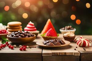 Noël dessert sur en bois table avec Noël lumières. généré par ai photo