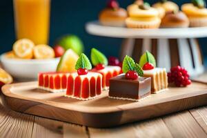 une en bois plateau avec divers desserts sur il. généré par ai photo