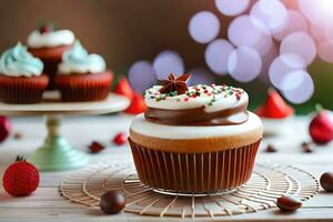 une petit gâteau avec Glaçage et une fraise sur une en bois tableau. généré par ai photo