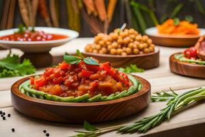 une table avec boules de nourriture et des légumes. généré par ai photo