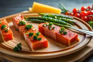 Saumon sur une en bois Coupe planche avec des légumes et fromage. généré par ai photo