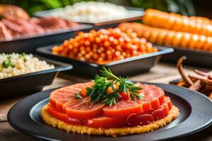 une buffet avec divers les types de nourriture sur une tableau. généré par ai photo