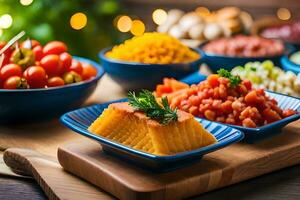 une table avec différent les types de nourriture sur il. généré par ai photo