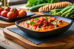 une bol de soupe avec des légumes et autre des légumes. généré par ai photo