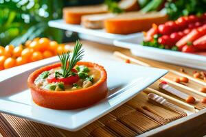 une table avec nourriture sur il et une bol de des légumes. généré par ai photo