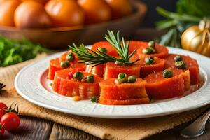 une assiette de tranché rouge Viande avec Romarin et tomates. généré par ai photo