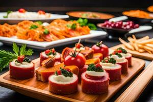 une buffet avec apéritifs et autre nourriture. généré par ai photo