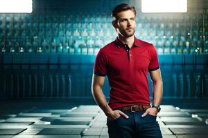 une homme dans une rouge polo chemise et bleu jeans. généré par ai photo