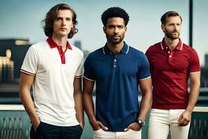 Trois Hommes portant polo chemises permanent suivant à chaque autre. généré par ai photo