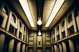 une longue couloir avec lumières pendaison de le plafond. généré par ai photo