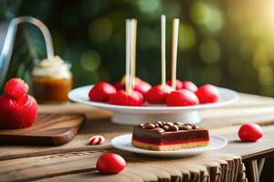 une dessert table avec Chocolat et des fraises. généré par ai photo