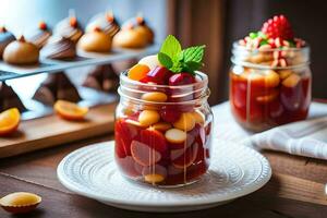 deux pots de fruit et une bol de la glace crème. généré par ai photo