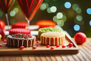 Noël Gâteaux et Champagne des lunettes sur une en bois tableau. généré par ai photo