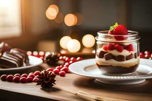 Noël dessert dans une verre pot avec baies et Chocolat. généré par ai photo