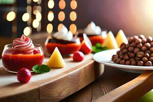 une table avec desserts et des sucreries sur il. généré par ai photo