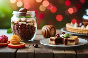 divers desserts sont sur une table avec une verre pot. généré par ai photo