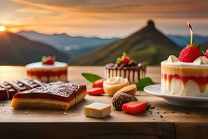desserts sur une table avec montagnes dans le Contexte. généré par ai photo