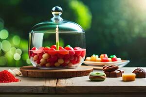 une verre pot rempli avec des sucreries sur une tableau. généré par ai photo