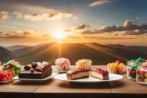 divers desserts sur une table avec montagnes dans le Contexte. généré par ai photo