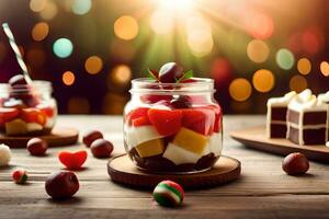 Noël dessert dans une pot avec baies et fruit. généré par ai photo