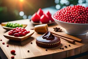 une table avec chocolat, cerises et autre bonbons. généré par ai photo