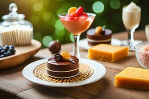 une table avec divers desserts et boissons. généré par ai photo