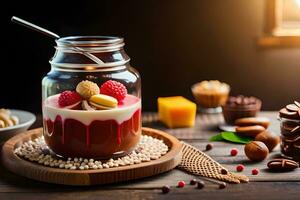 dessert dans une verre pot avec framboises et des noisettes sur une en bois tableau. généré par ai photo