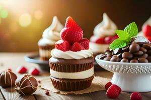 Chocolat petits gâteaux avec des fraises et menthe. généré par ai photo
