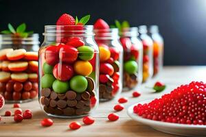 une groupe de pots rempli avec fruit et bonbons. généré par ai photo