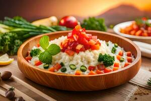 riz avec des légumes et tomates dans une en bois bol. généré par ai photo