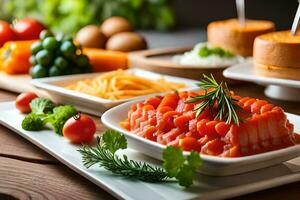 une table avec divers nourriture comprenant Viande, des légumes et fromage. généré par ai photo