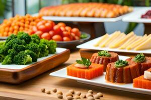 une buffet avec divers les types de nourriture sur il. généré par ai photo