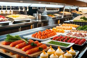 une buffet avec beaucoup différent les types de aliments. généré par ai photo