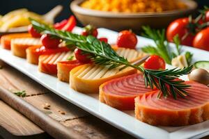 une plat de Viande et des légumes avec une garnir de herbes. généré par ai photo