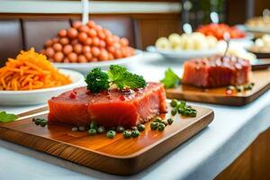 une buffet table avec Viande et des légumes sur il. généré par ai photo