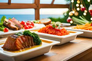 une buffet avec nourriture sur il et une Noël arbre. généré par ai photo