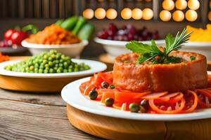 une assiette de nourriture avec des légumes et Viande. généré par ai photo