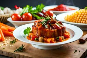 une assiette de nourriture avec Viande, des légumes et autre ingrédients. généré par ai photo