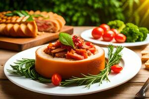 une assiette avec une Viande plat sur il et une couteau. généré par ai photo