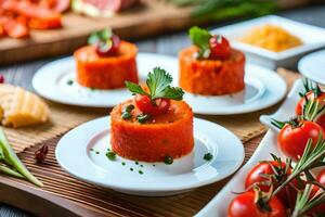 une table avec nombreuses petit assiettes de aliments. généré par ai photo