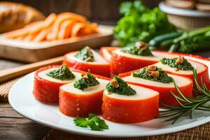 une assiette avec tranché tomates et fromage. généré par ai photo