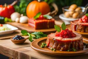 une table avec Viande, des légumes et autre ingrédients. généré par ai photo