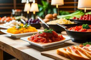 une buffet avec divers les types de nourriture sur il. généré par ai photo