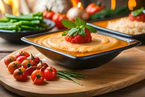 une bol de Hoummous avec des légumes et tomates. généré par ai photo