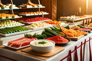 une buffet avec divers les types de nourriture sur il. généré par ai photo