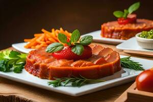 une assiette de Viande et des légumes avec une garnir. généré par ai photo