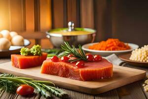 saumon, des légumes et autre Ingrédients sur une Coupe planche. généré par ai photo